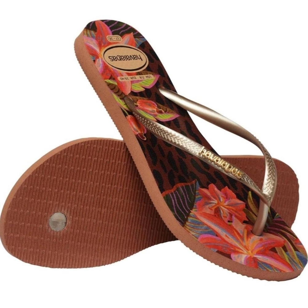 Havaianas Women's Floral Flip Flops - Brown and Gold - Picture 5 of 7